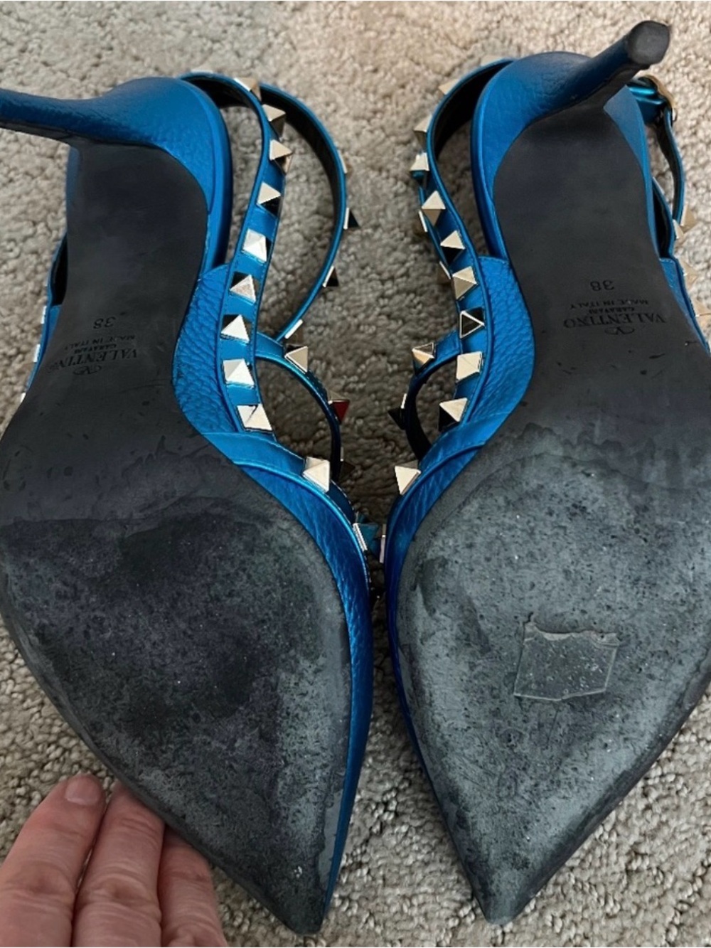 Valentino Metallic Blue Studded T-Strap Pumps - Picture 7 of 7